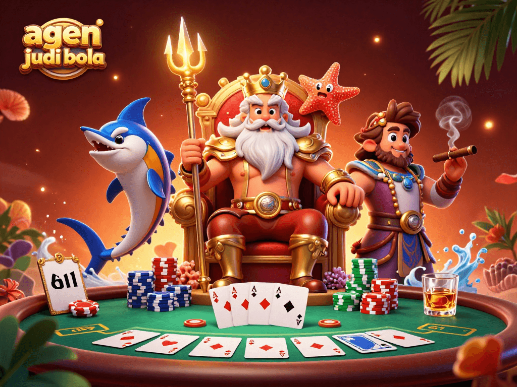 Engage in exciting games at agen judi bola with a 3D illustration of Neptune in a vibrant casino setting.