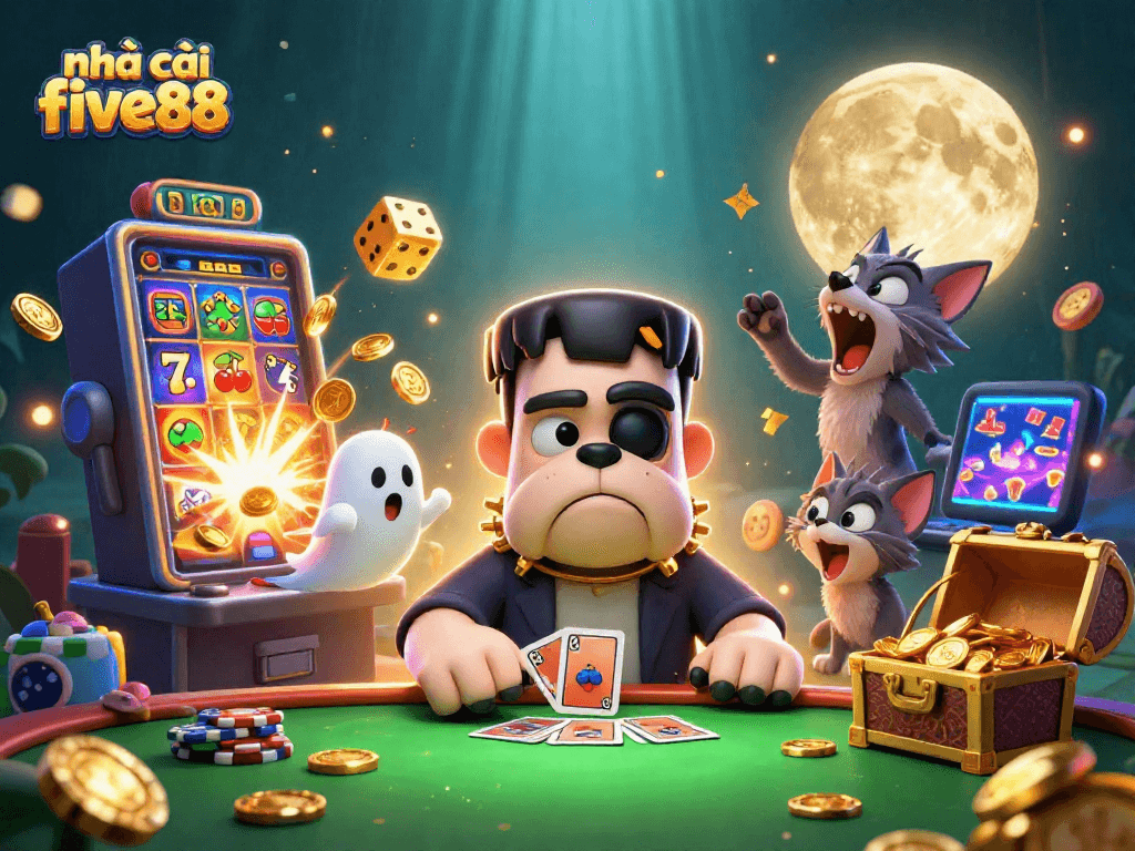 Experience the excitement of nhà cái five88 with a colorful 3D casino illustration showcasing vibrant characters and elements.