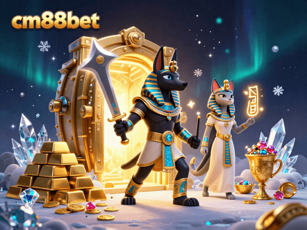 Engage in thrilling gameplay with cm88bet featuring characters Anubis and Bastet amidst treasures and casino elements.