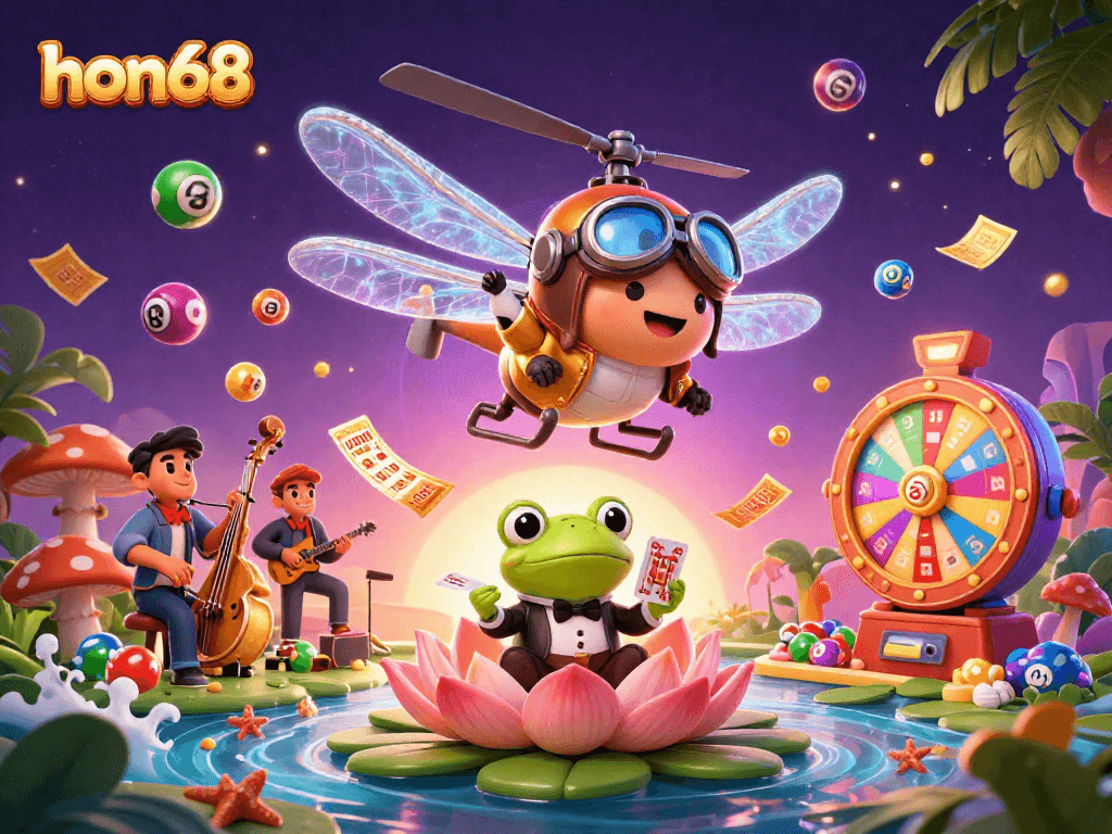 Experience hon68's vibrant gaming world with lively characters, colorful elements, and a rich casino atmosphere.