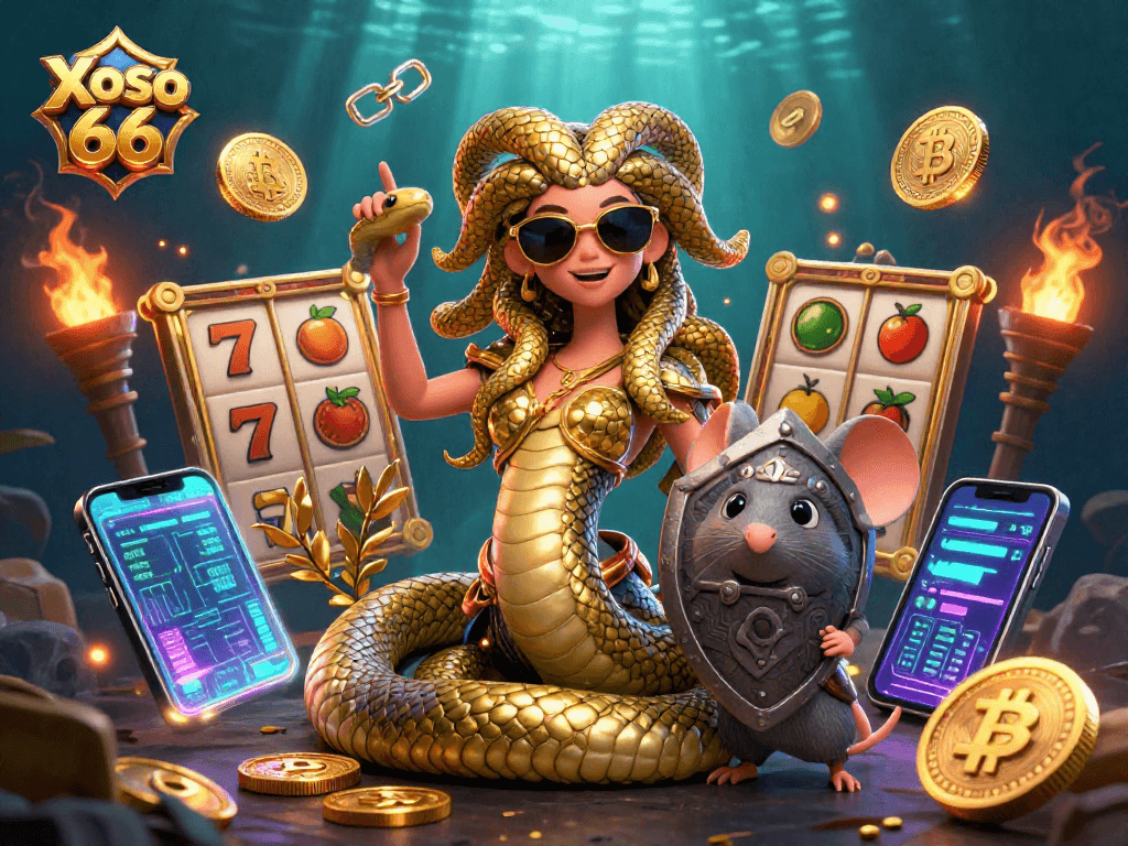 Experience thrilling slot wins at Xoso 66 with lively Medusa and warrior mouse in a vibrant casino scene