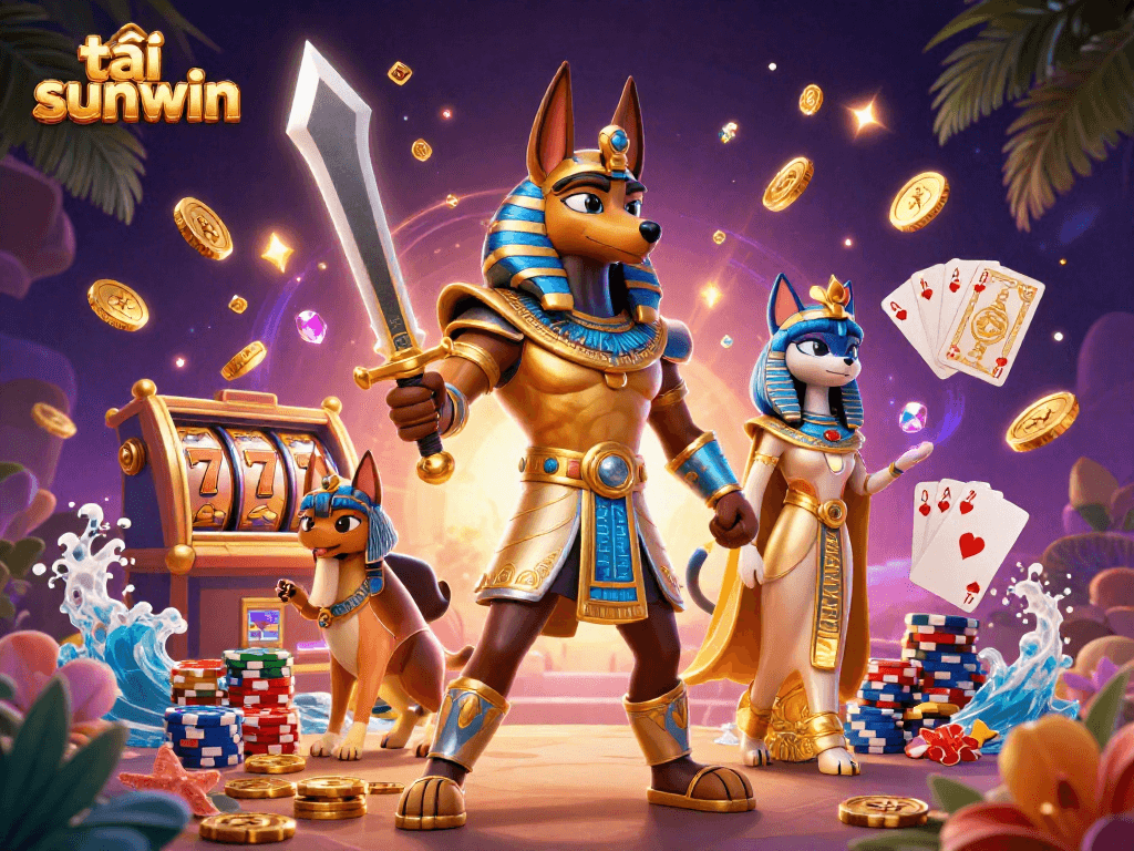 Experience exciting gameplay with tải sunwin featuring Anubis and Bastet in a dynamic casino scene.