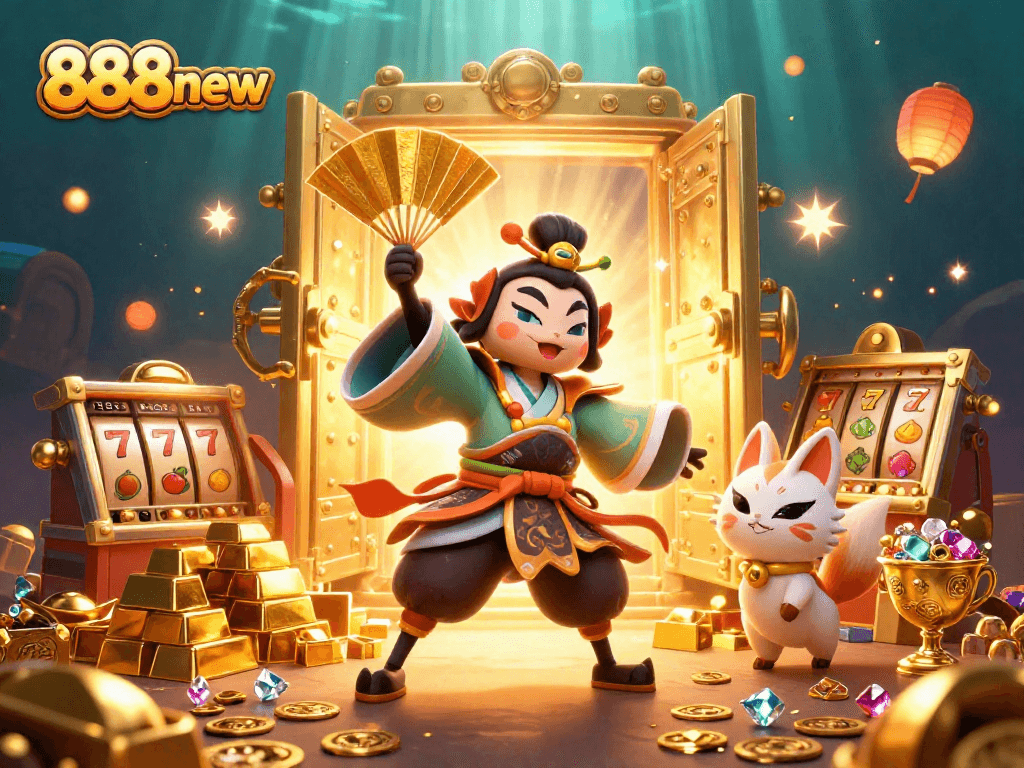 Experience thrilling wins with 888new featuring a kabuki warrior and casino treasures.