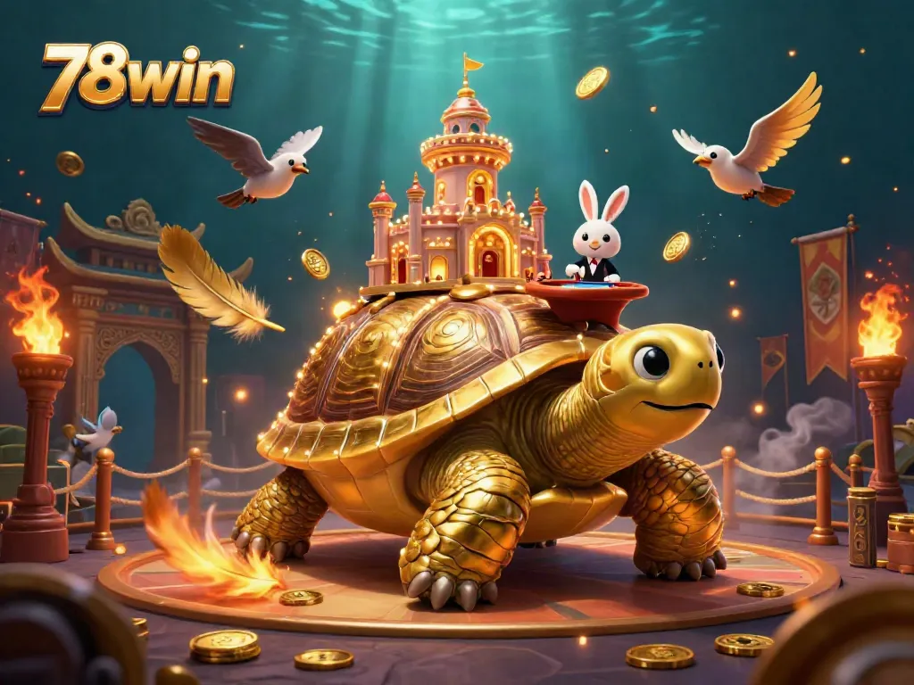 Experience casino thrill with 78win’s vibrant 3D illustration featuring a golden tortoise and dynamic gaming elements.