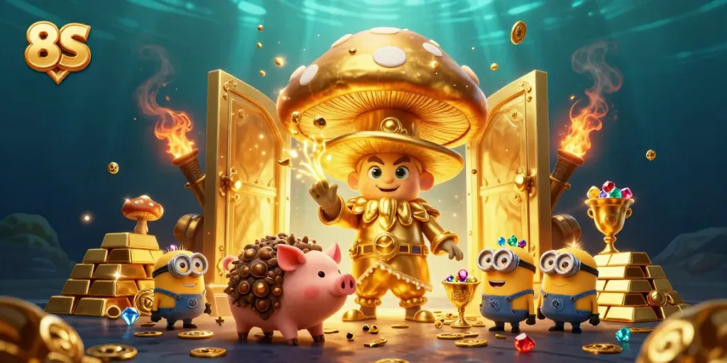 Experience 8S gaming magic with golden treasures and enchanting characters in a vibrant casino scene.