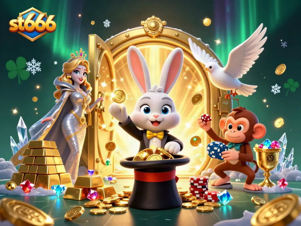 Experience the thrill of st666 as a magician rabbit dazzles with golden coins, set against a vibrant casino backdrop.