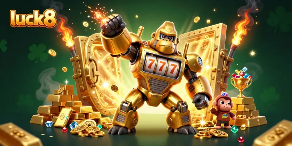 Experience luck8's casino thrills with a mech gorilla and treasures in this vivid illustration.