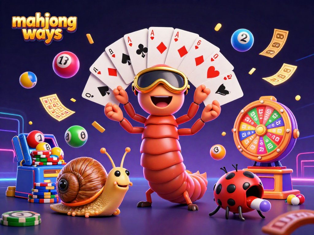 Engage with mahjong ways in this vibrant casino scene featuring a cartoon millipede dealer, snail high-roller, and pill bug.