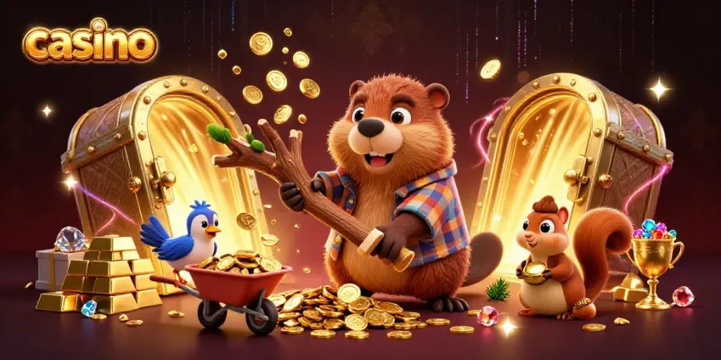 Beaver in a casino scene collecting golden coins while bird and squirrel join the fun.