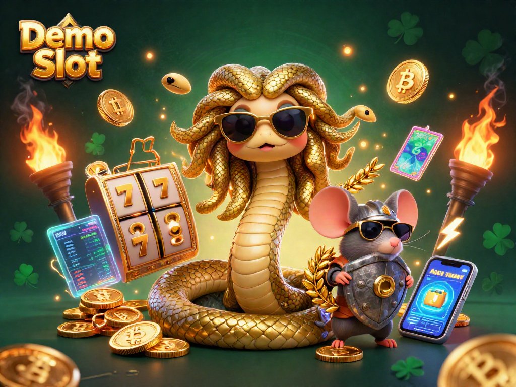 Engage with the exciting Demo Slot scene featuring Medusa and a warrior mouse with vibrant slot elements.