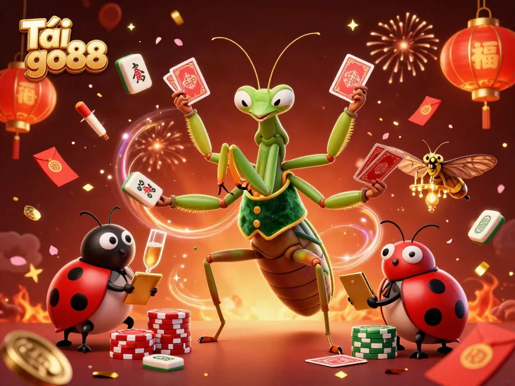 Engage in thrilling games with Tải go88, a vibrant scene showcasing a 3D mantis card sharp and ladybug pit boss amidst casino elements.