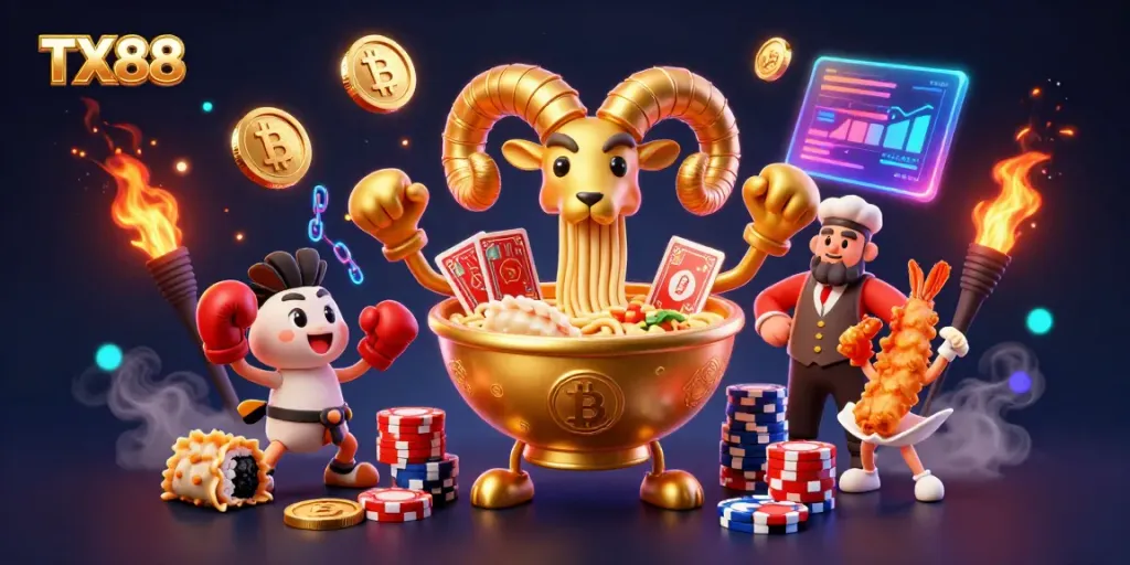 Engage with TX88's vibrant 3D illustration showcasing a golden ramen bowl character dealing cards amidst playful gaming elements.