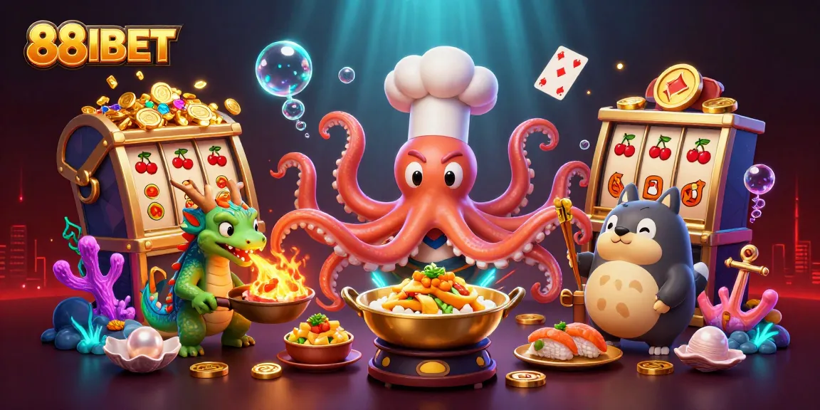 Engage with 88IBET in a dynamic casino scene filled with vibrant slot machine elements and animated characters.