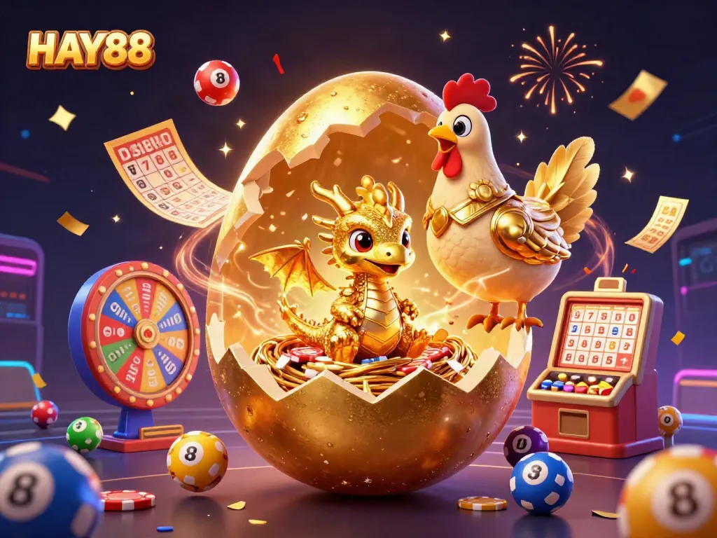 Engage with HAY88's thrilling world as a golden dragon emerges from a poker chip nest amidst vibrant gaming elements.