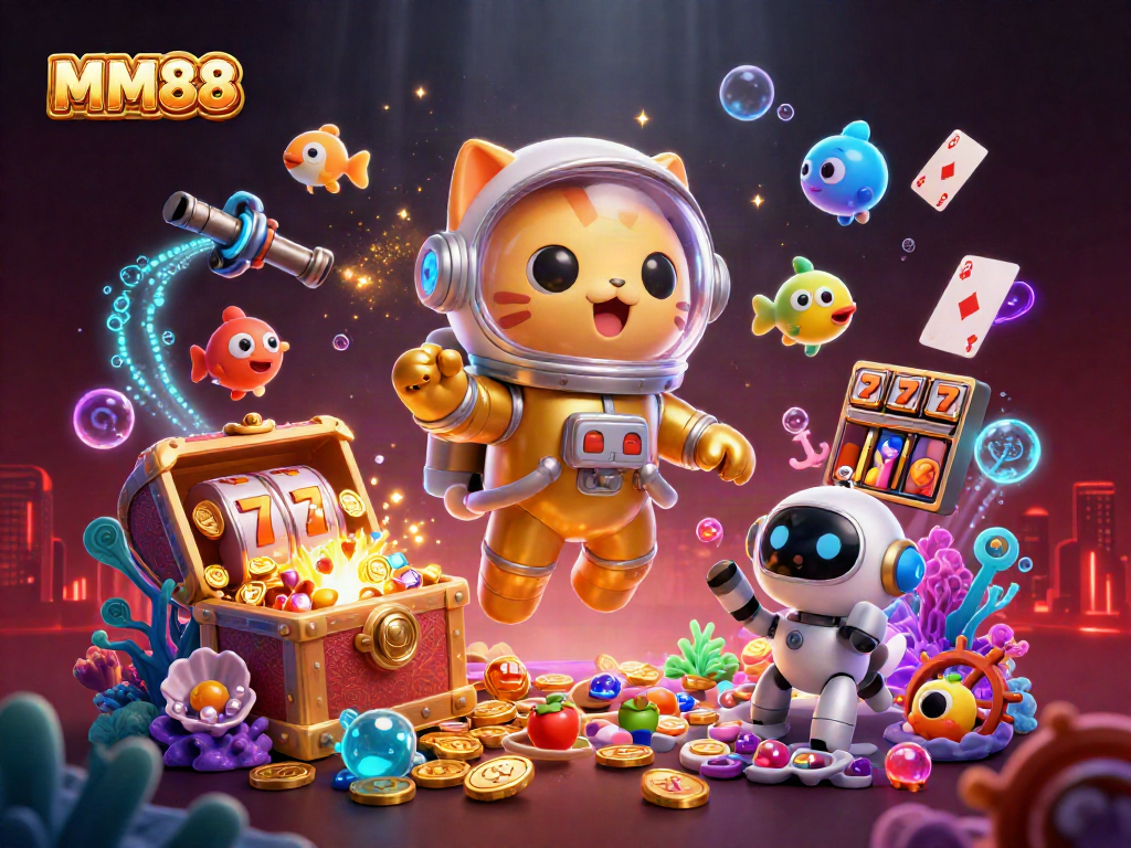 Engage with MM88 casino excitement through our vibrant 3D illustration showcasing dynamic game elements and characters.