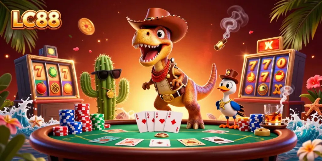 LC88 slot game with a cowboy dinosaur and buddies enjoying a colorful casino scene.
