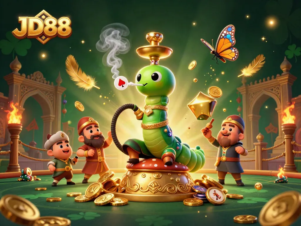 Join the excitement with JD88, featuring a whimsical caterpillar master in a casino-themed scene.