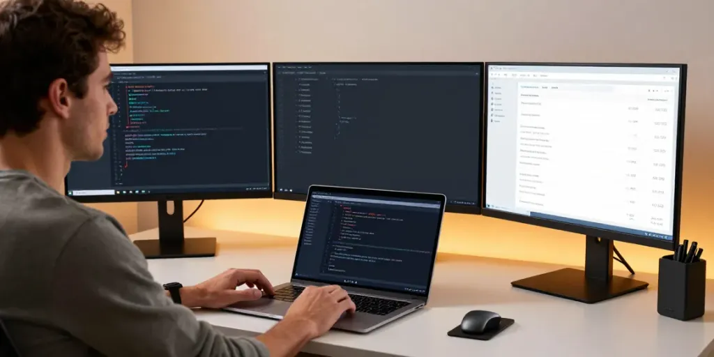 .co.uk domain registration in a modern tech workspace with coding software and a sleek laptop.
