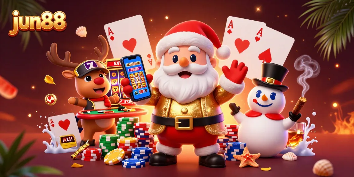 Join the fun with jun88 as Santa spins the jackpot slots in a lively casino scene!