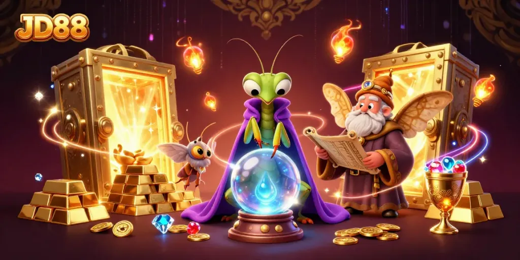 Experience the vibrant gaming universe of JD88 with stunning 3D visuals capturing fortune tellers and treasure.