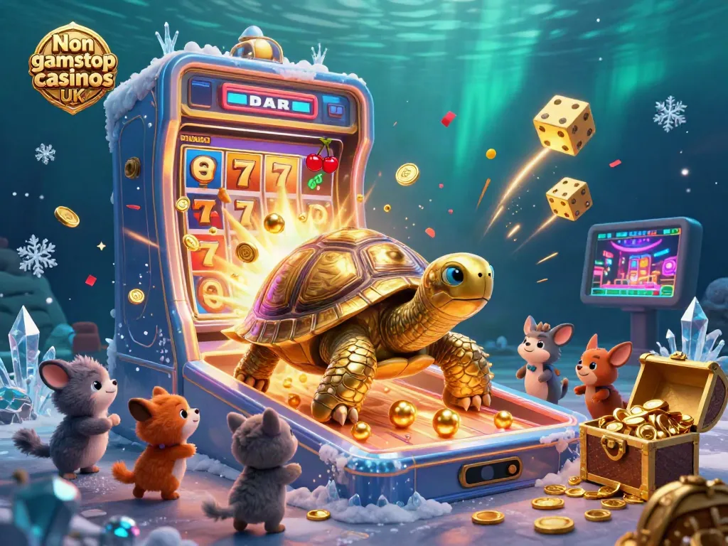 Experience vibrant action in Non gamstop casinos UK with a colossal tortoise pinball machine surrounded by thrilling casino elements.