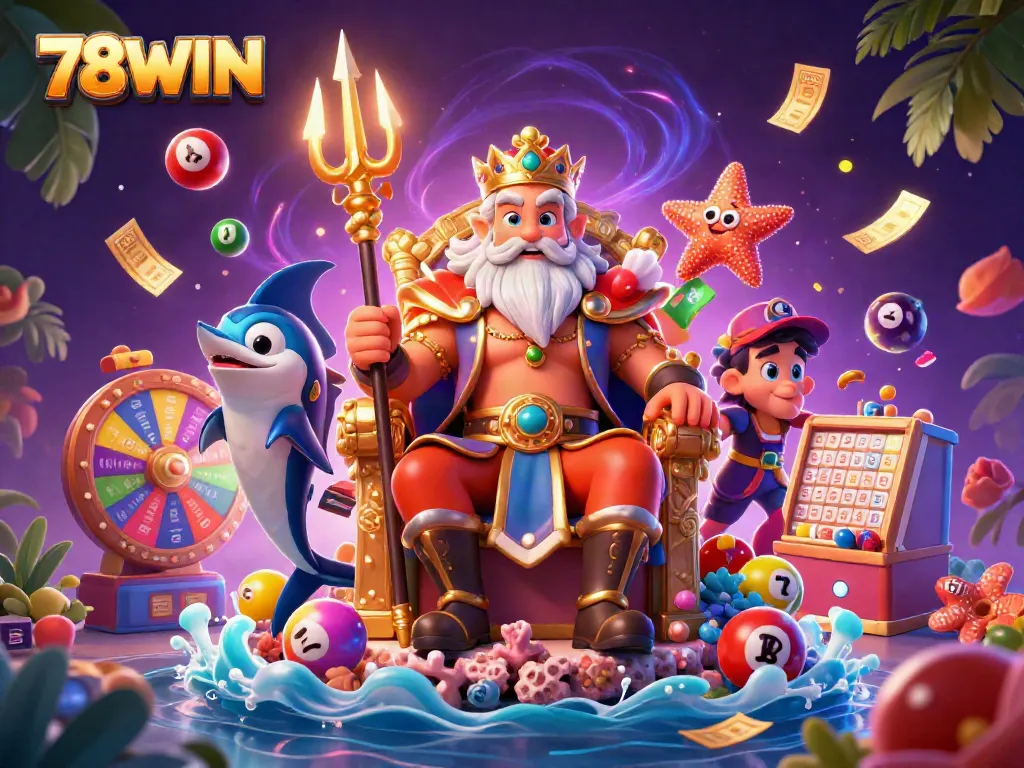 78WIN casino scene with cartoon sea king, swordfish samurai, and colorful lottery elements.