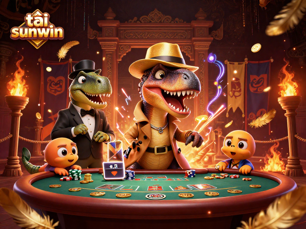Win big with tải sunwin while encountering a velociraptor card counter at a bustling casino table.