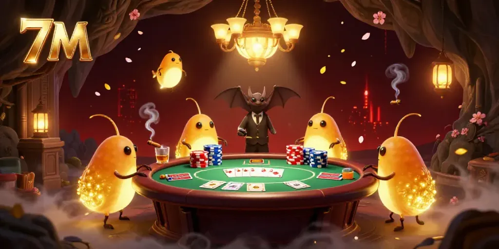 Experience the excitement of 7M with glowing glowworms lighting up a vibrant poker scene in a cave casino.