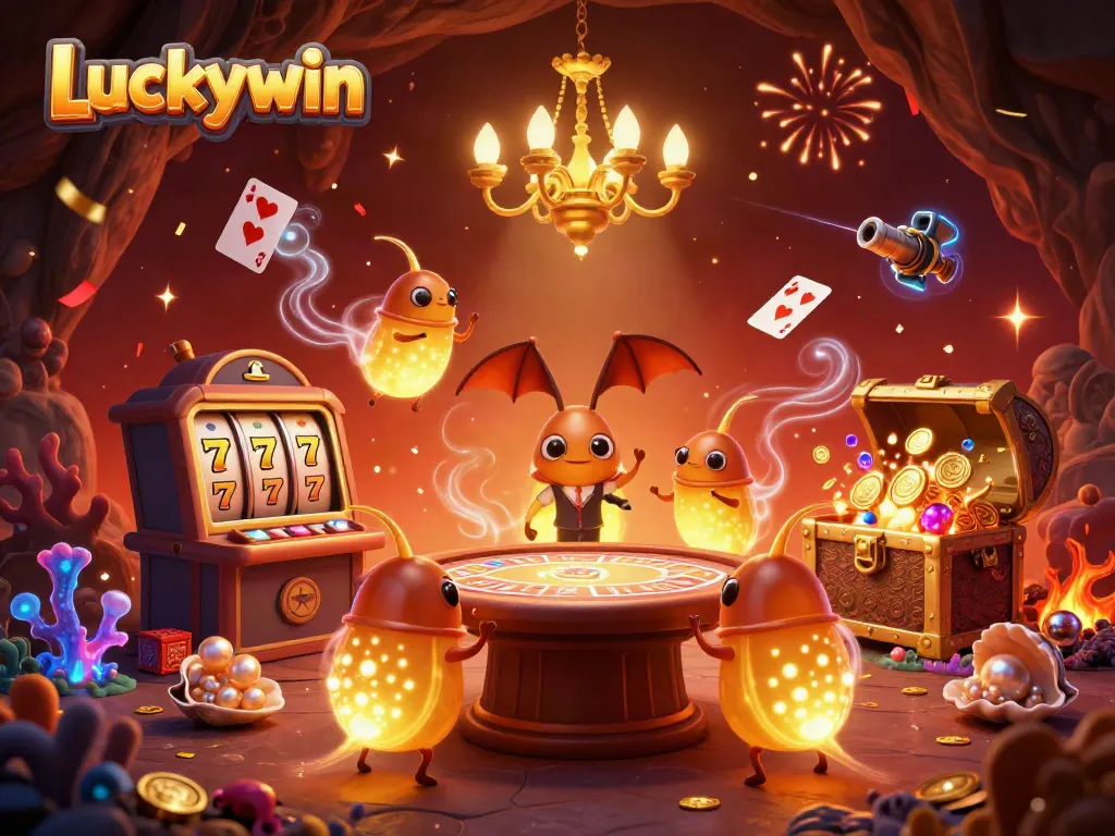 Experience the excitement of Luckywin with bioluminescent glowworms lighting up a vibrant casino scene.