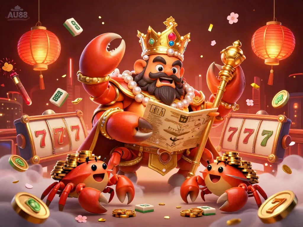 Engage with the vibrant AU88 casino world through a golden crab emperor and treasure map, capturing the essence of gambling adventures.