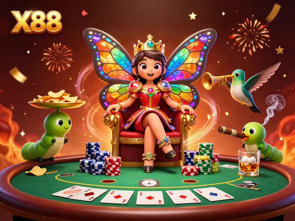 X88 showcases an extravagant casino scene with a butterfly queen, poker chips, and vibrant confetti celebrating a winning hand.