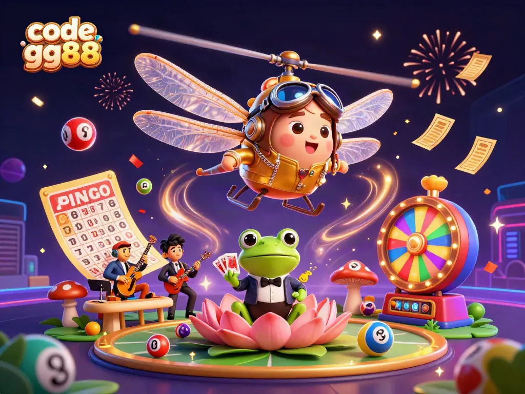 Engaging with exciting code gg88 and vibrant lottery elements in a lively casino illustration
