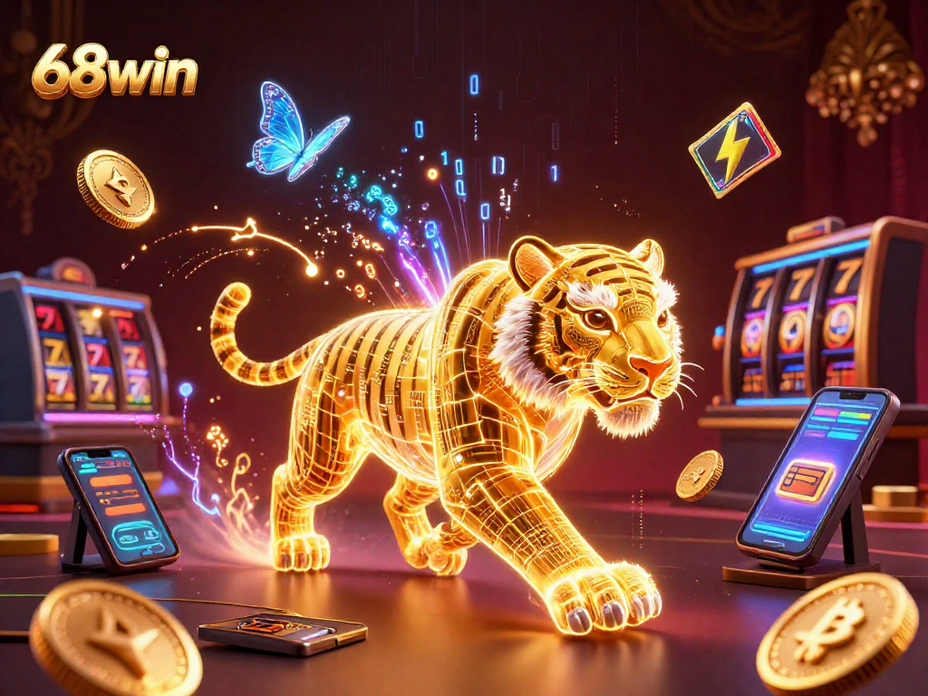 Experience thrilling gaming opportunities at 68win, showcasing dynamic 3D elements like Bitcoin, Ethereum, and slot reels.