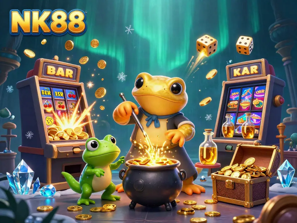 Experience the excitement of NK88 with a vibrant casino illustration showcasing gaming adventures and golden treasures.