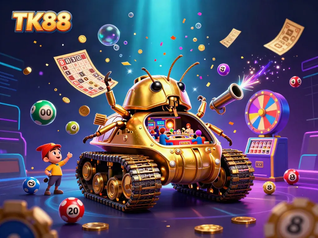 Experience thrilling excitement with TK88 as colorful lottery balls and casino elements surround a magical golden beetle tank.