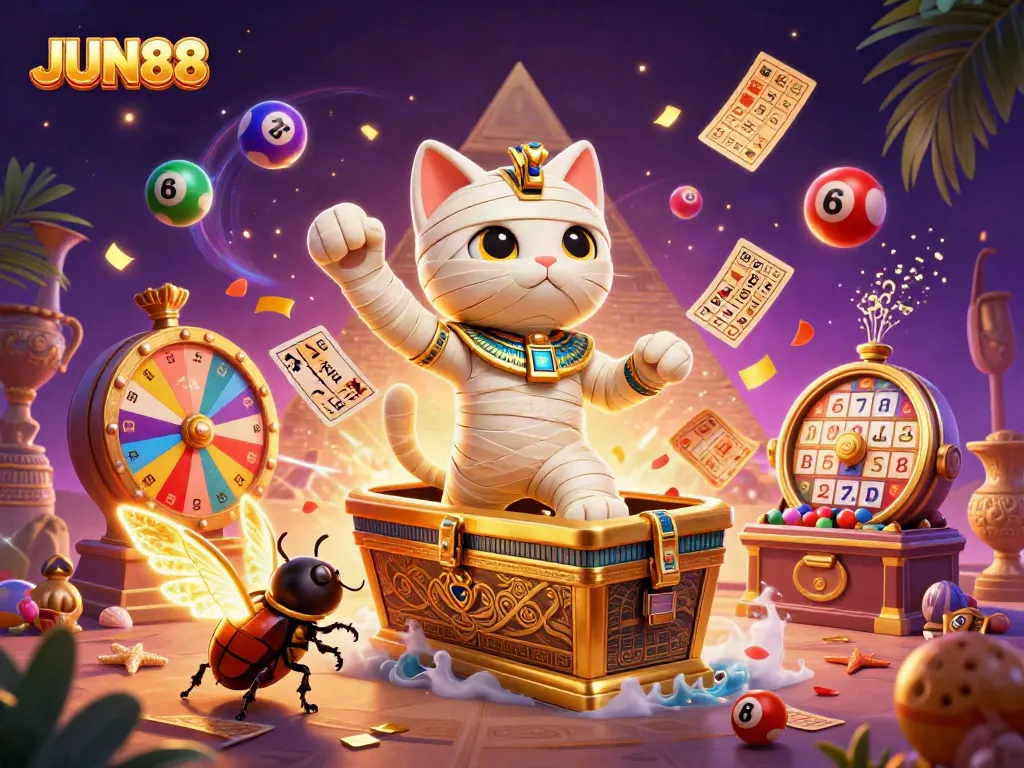 Experience excitement with JUN88 as an Egyptian mummy cat and scarab beetle explore a lively pyramid casino filled with games.