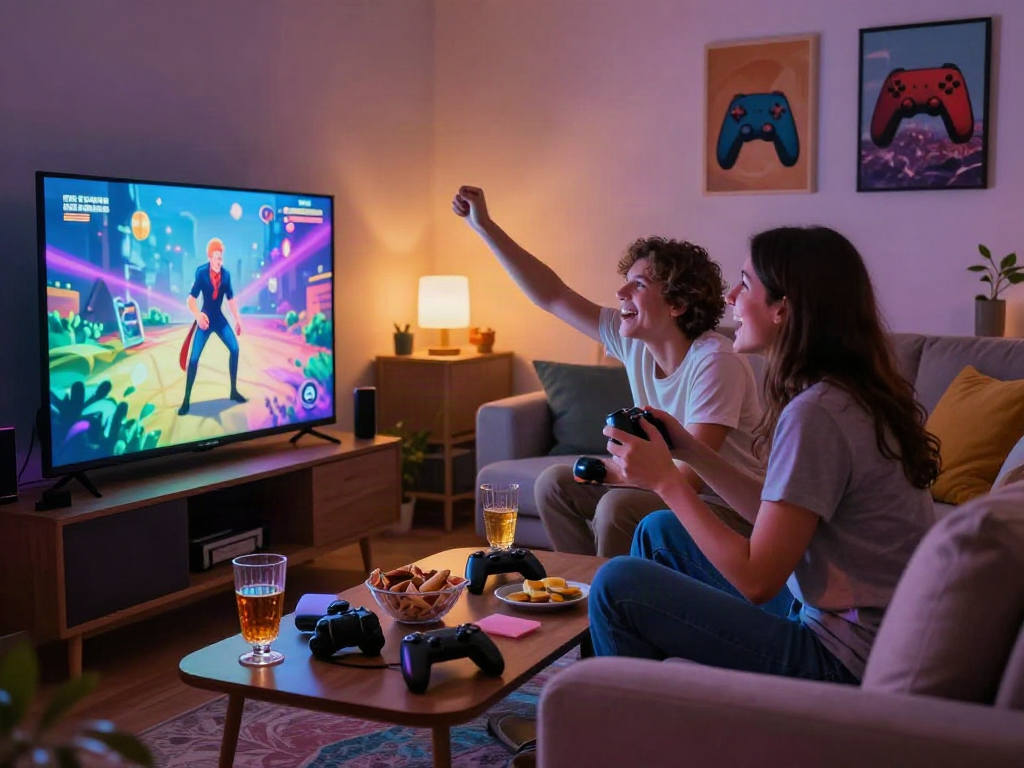 Engaged couple enjoying an adult game night in a cozy living room.