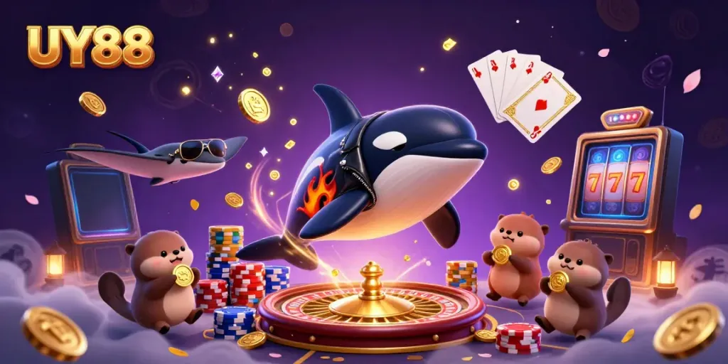 Engage with UY88's vibrant casino scene showcasing lively characters and dynamic gambling elements.
