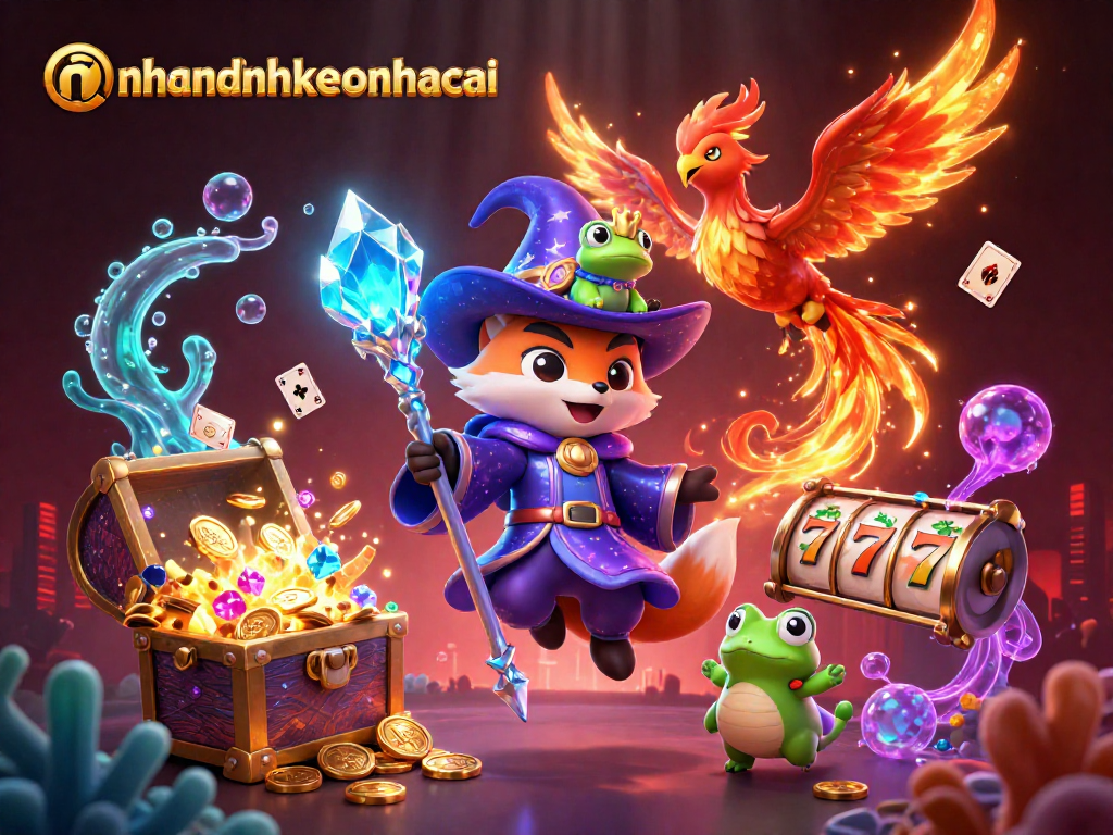 Play exciting games with nhandinhkeonhacai featuring wizard fox and phoenix in a vibrant casino-themed illustration.