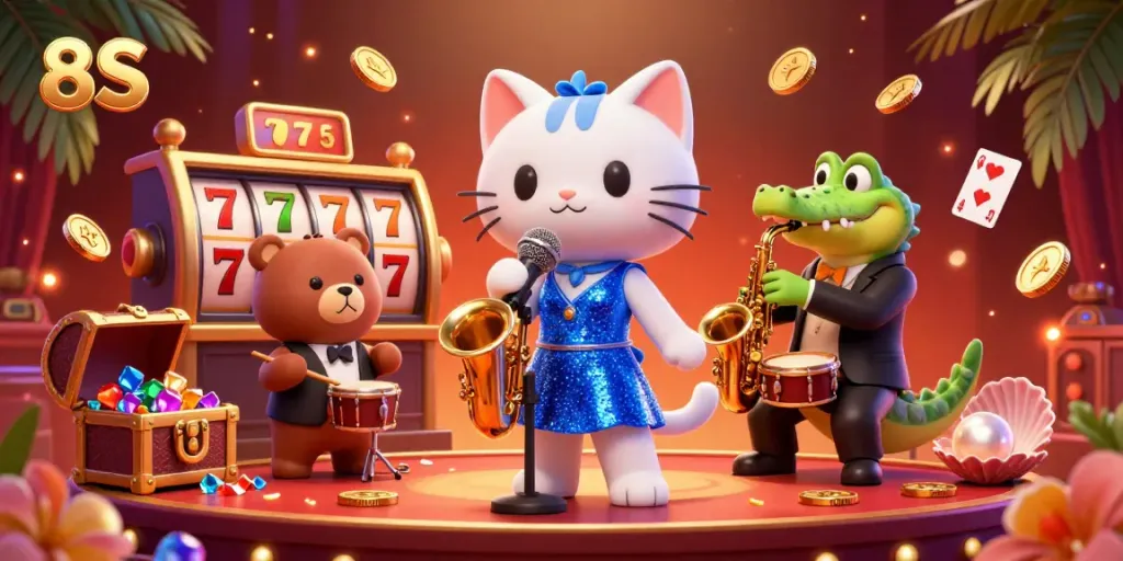 Engage with 8S through vibrant casino action in a lively 3D scene featuring a singer cat, crocodile, and bear.