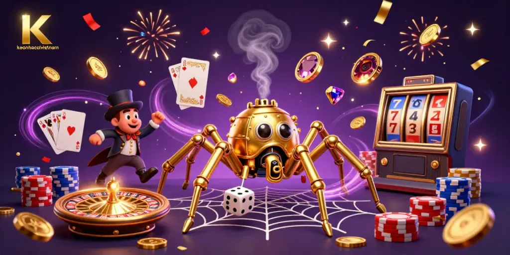 Experience keonhacaivietnam's thrilling action with a golden spider weaving a web of luck and gambling elements.