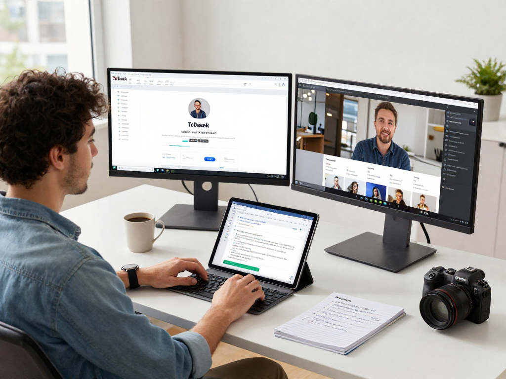 Engaging remote desktop workspace featuring ToDesk interface with user in smart-casual attire, showcasing productivity.