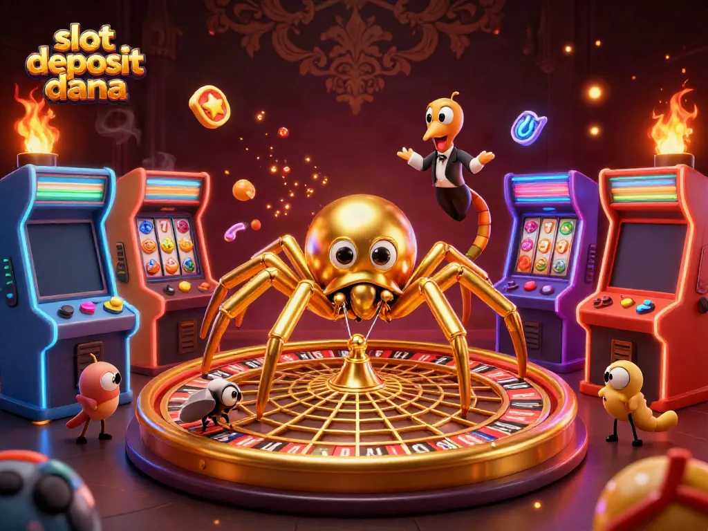 Engage with the exciting slot deposit dana experience as a golden spider spins a roulette wheel web.