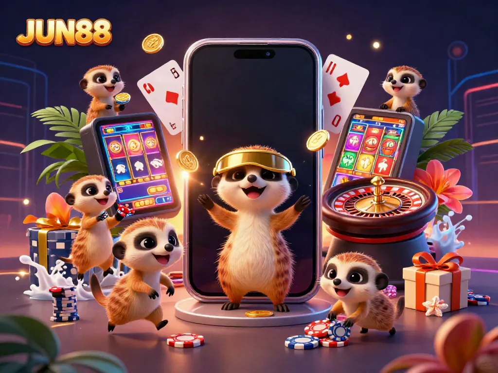 Experience thrilling gameplay at JUN88 with lively meerkats running a colorful casino operation surrounded by exciting gaming elements.