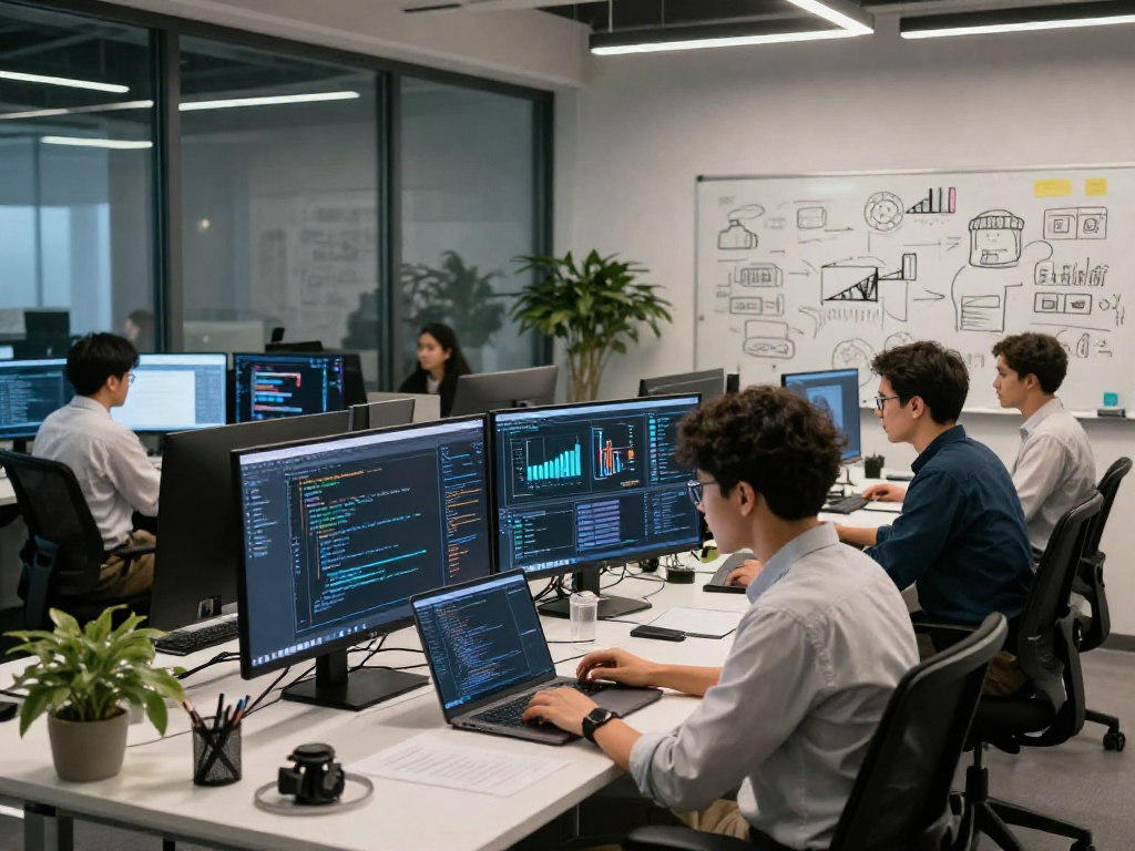 Dynamic teamwork around nsfw ai project in a modern tech workspace with data visualizations and coding.