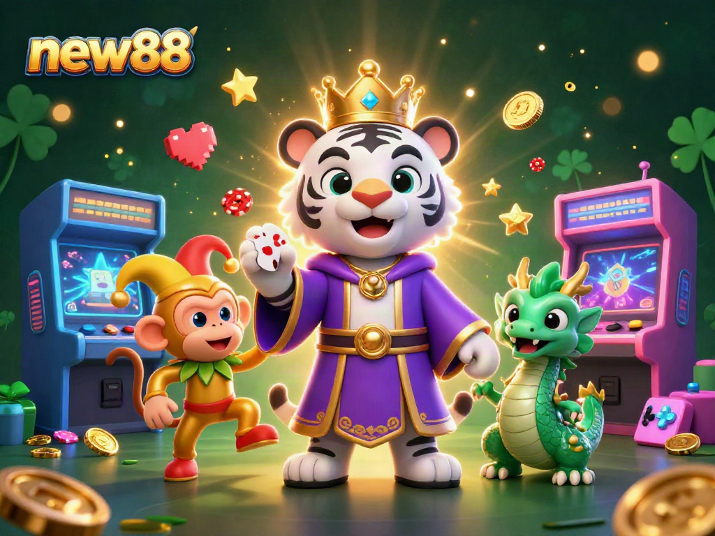 Spin to win big with new88, featuring a vibrant casino scene with playful characters and dynamic gaming elements.