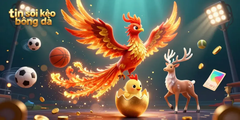 Engaging scene depicting the essence of tin soi kèo bóng đá with a majestic phoenix, sports balls, and a trophy, enhancing gambling excitement.