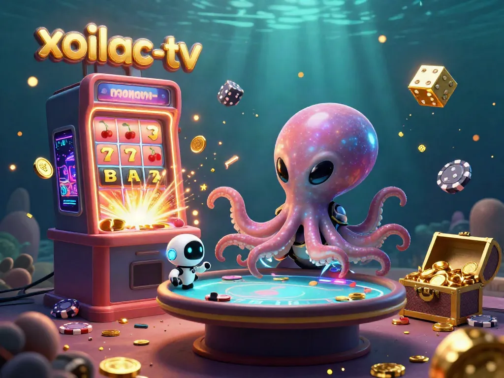 Xoilac-tv showcases a thrilling poker scene with an alien octopus at a holographic table, surrounded by colorful gambling elements.