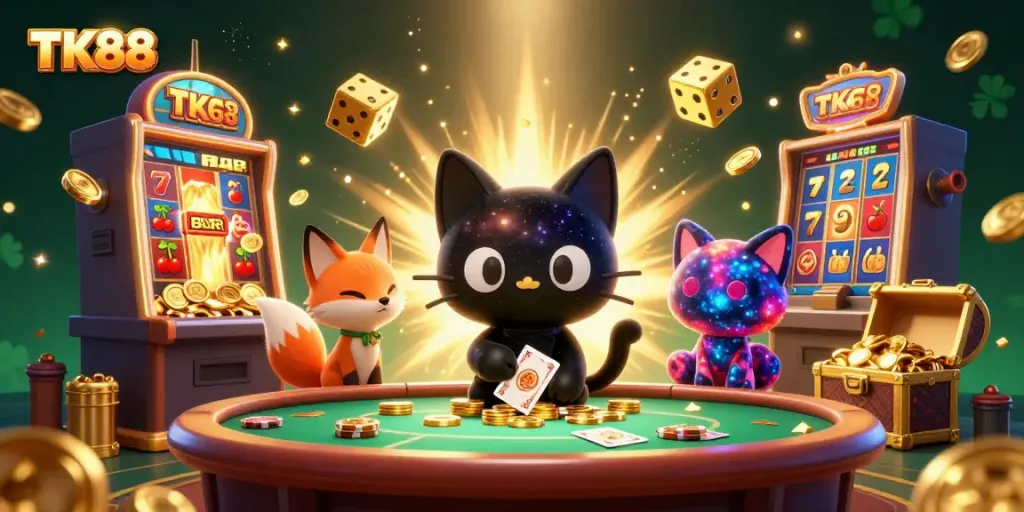 Engage in thrilling gaming action at TK88's cosmic casino with vibrant, swirling characters and rich game elements.