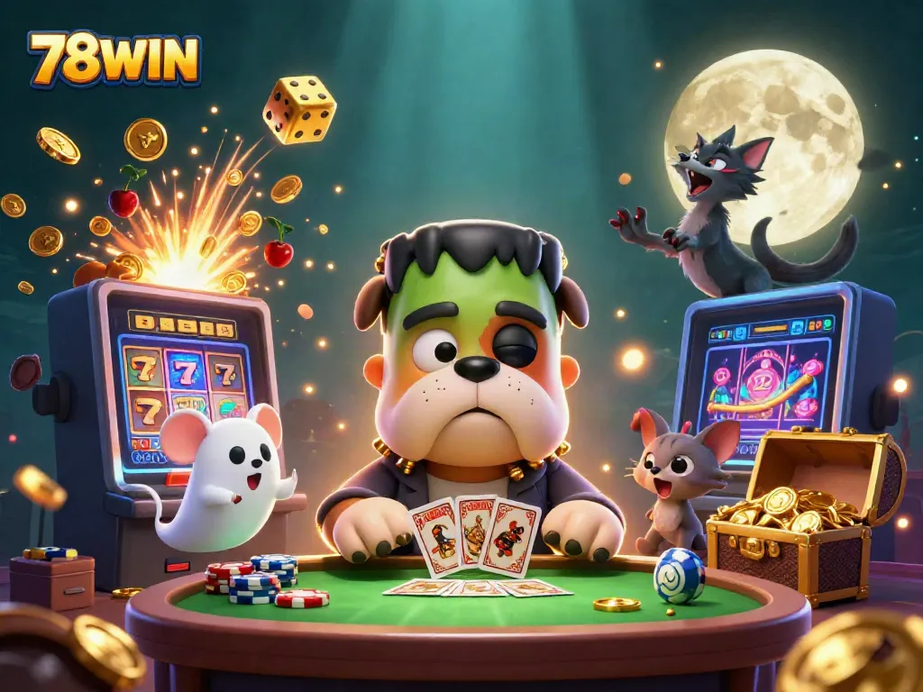 Enjoy thrilling games at 78WIN with an exciting 3D casino scene featuring engaging characters and vibrant activities.